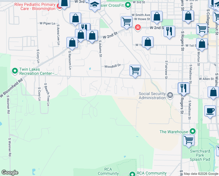 map of restaurants, bars, coffee shops, grocery stores, and more near 1469 West Allen Street in Bloomington