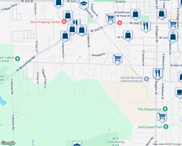 map of restaurants, bars, coffee shops, grocery stores, and more near 1469 West Allen Street in Bloomington