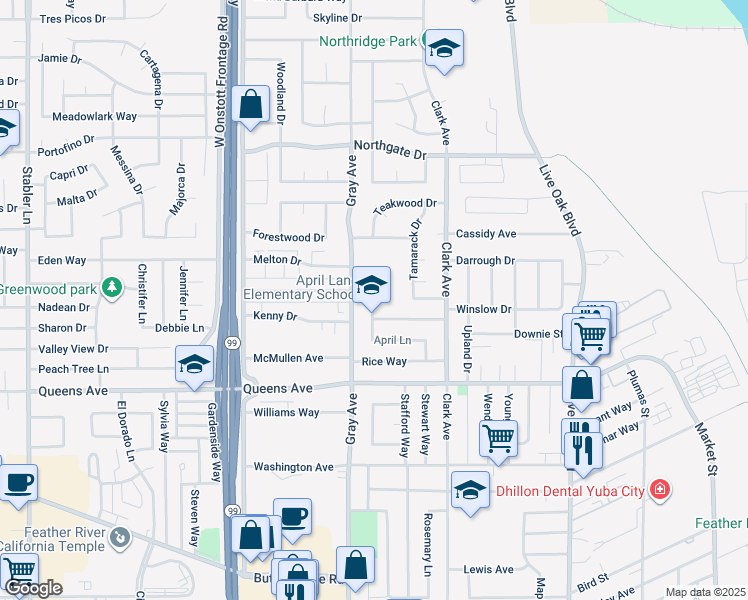 map of restaurants, bars, coffee shops, grocery stores, and more near 800 April Lane in Yuba City