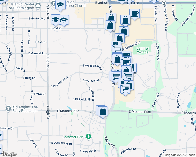 map of restaurants, bars, coffee shops, grocery stores, and more near 2513 East Rechter Road in Bloomington