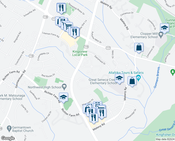 map of restaurants, bars, coffee shops, grocery stores, and more near 13207 Chalet Place in Germantown