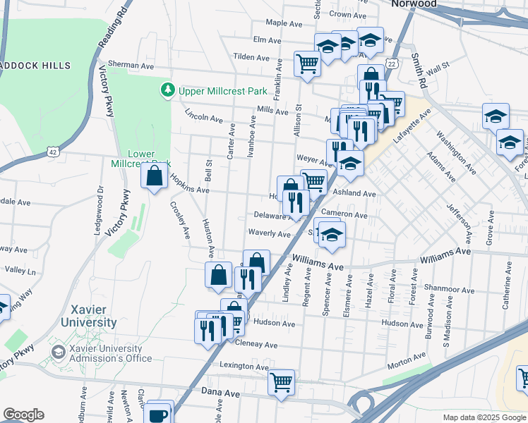 map of restaurants, bars, coffee shops, grocery stores, and more near 1922 Delaware Avenue in Norwood