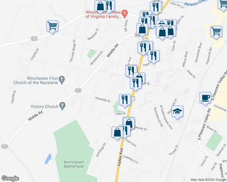 map of restaurants, bars, coffee shops, grocery stores, and more near 2691 Daniel Terrace in Winchester