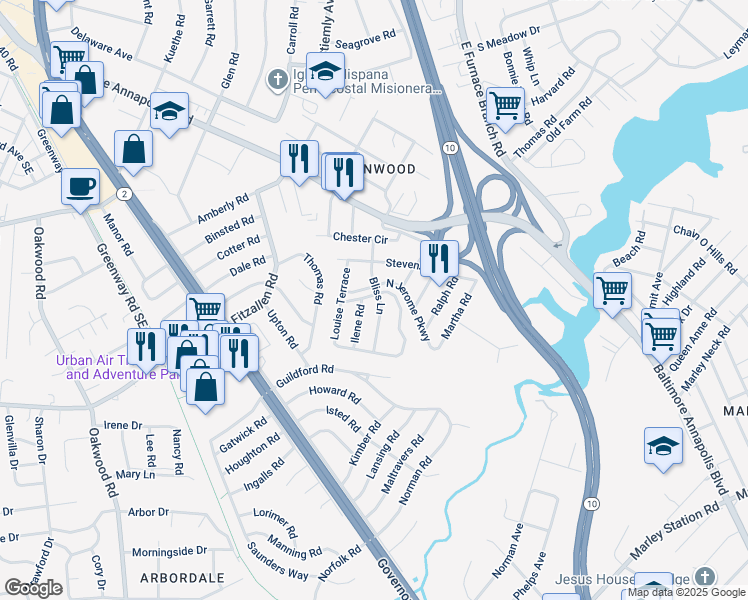 map of restaurants, bars, coffee shops, grocery stores, and more near 112 Bliss Lane in Glen Burnie