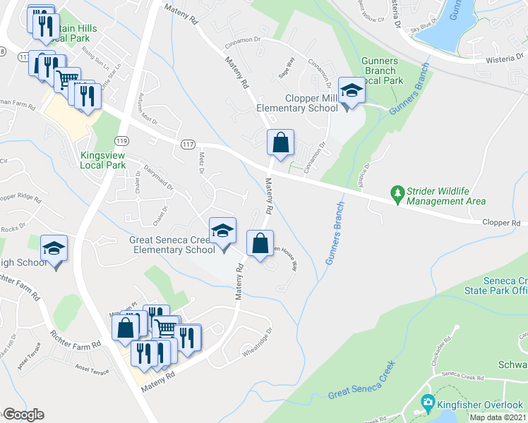 map of restaurants, bars, coffee shops, grocery stores, and more near 18247 Smoke House Court in Germantown