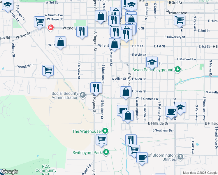 map of restaurants, bars, coffee shops, grocery stores, and more near 1118 South Morton Street in Bloomington