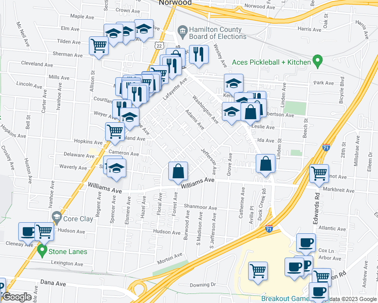 map of restaurants, bars, coffee shops, grocery stores, and more near 2300 Madison Avenue in Cincinnati