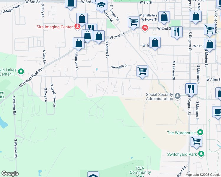 map of restaurants, bars, coffee shops, grocery stores, and more near 1469 West Allen Street in Bloomington