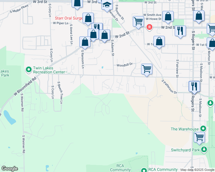 map of restaurants, bars, coffee shops, grocery stores, and more near 970 South Adams Street in Bloomington