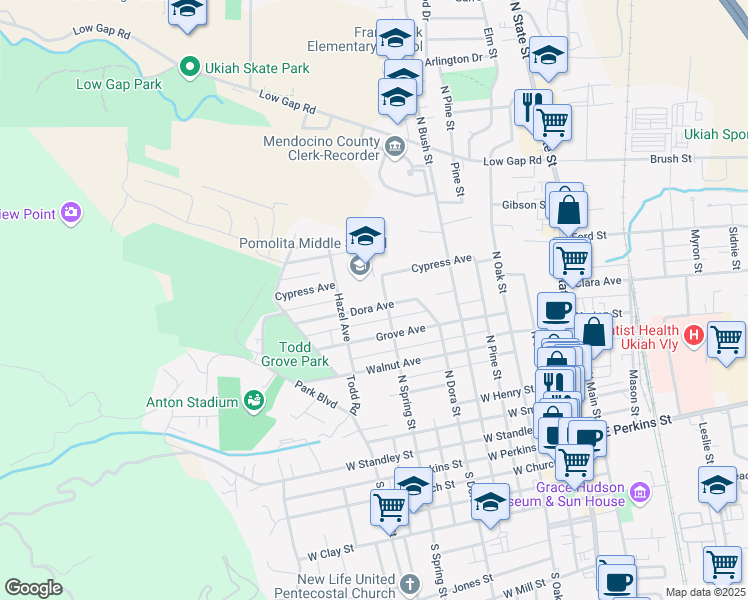 map of restaurants, bars, coffee shops, grocery stores, and more near 740 North Spring Street in Ukiah