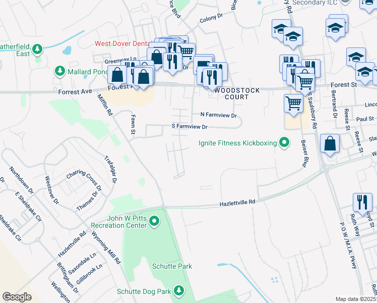 map of restaurants, bars, coffee shops, grocery stores, and more near 1300 South Farmview Drive in Dover