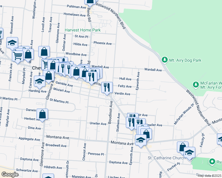 map of restaurants, bars, coffee shops, grocery stores, and more near 3218 Harrison Avenue in Cincinnati