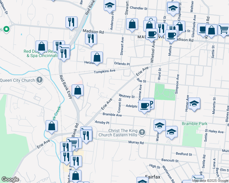map of restaurants, bars, coffee shops, grocery stores, and more near 5652 Erie Avenue in Cincinnati
