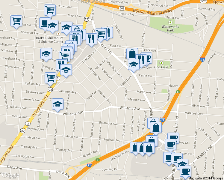 map of restaurants, bars, coffee shops, grocery stores, and more near 4203 Forest Avenue in Cincinnati