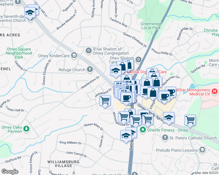 map of restaurants, bars, coffee shops, grocery stores, and more near 3500 Homeland Terrace in Olney