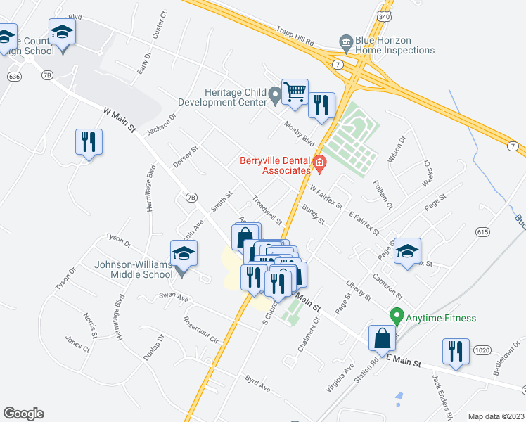 map of restaurants, bars, coffee shops, grocery stores, and more near 115 Rice Street in Berryville