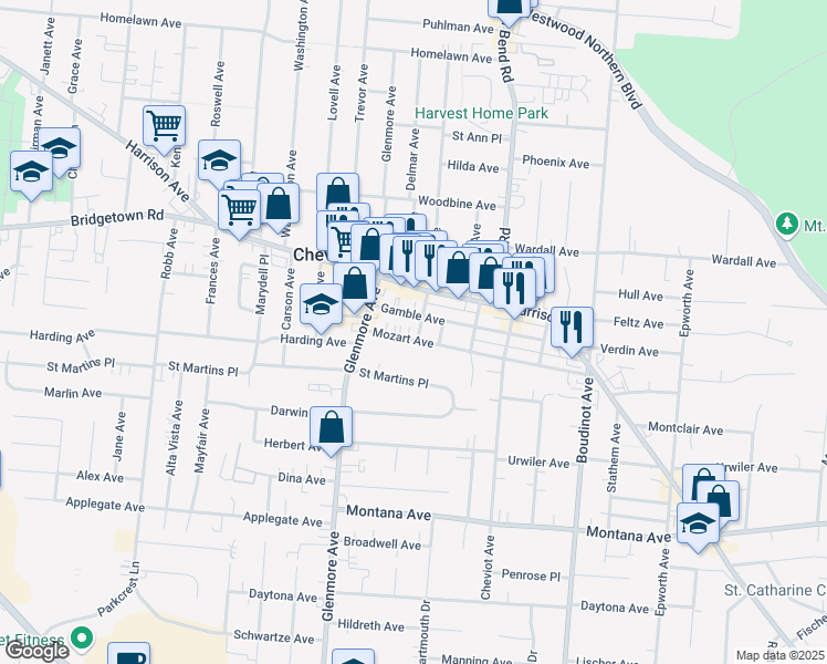map of restaurants, bars, coffee shops, grocery stores, and more near 3600 Mozart Avenue in Cincinnati