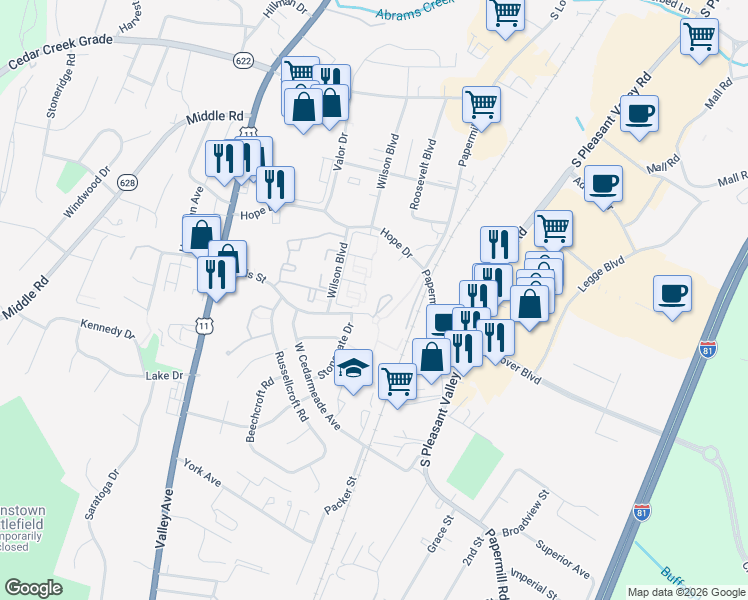 map of restaurants, bars, coffee shops, grocery stores, and more near 2531 Bradford Court in Winchester