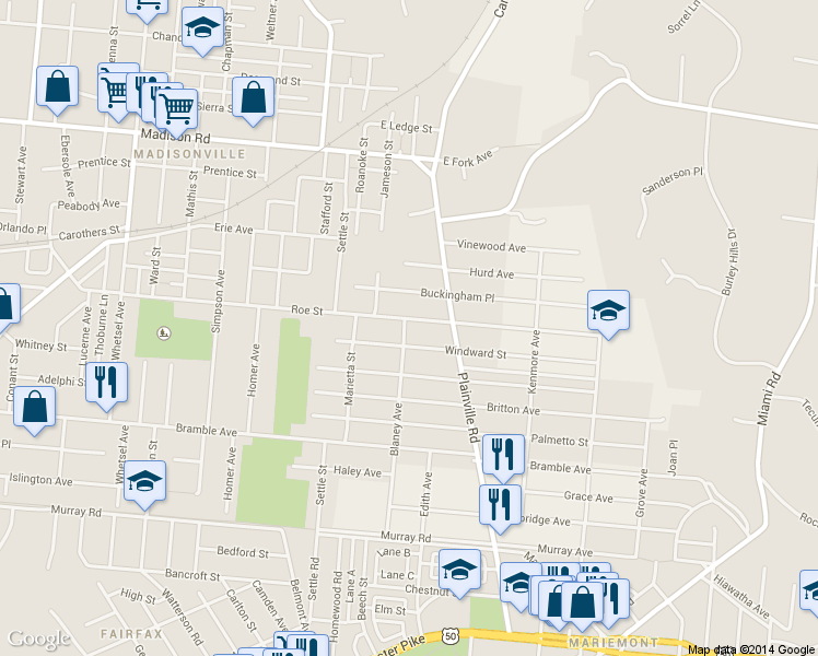map of restaurants, bars, coffee shops, grocery stores, and more near 6703 Roe Street in Cincinnati