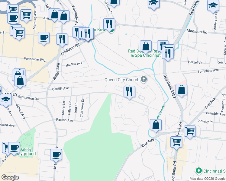 map of restaurants, bars, coffee shops, grocery stores, and more near 3680 Brotherton Road in Cincinnati