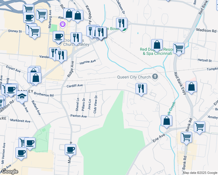 map of restaurants, bars, coffee shops, grocery stores, and more near 3647 Brotherton Road in Cincinnati
