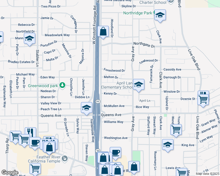 map of restaurants, bars, coffee shops, grocery stores, and more near 1248 Casita Drive in Yuba City