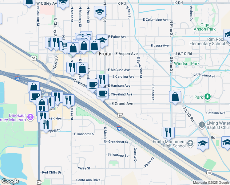 map of restaurants, bars, coffee shops, grocery stores, and more near 575 East Cleveland Avenue in Fruita