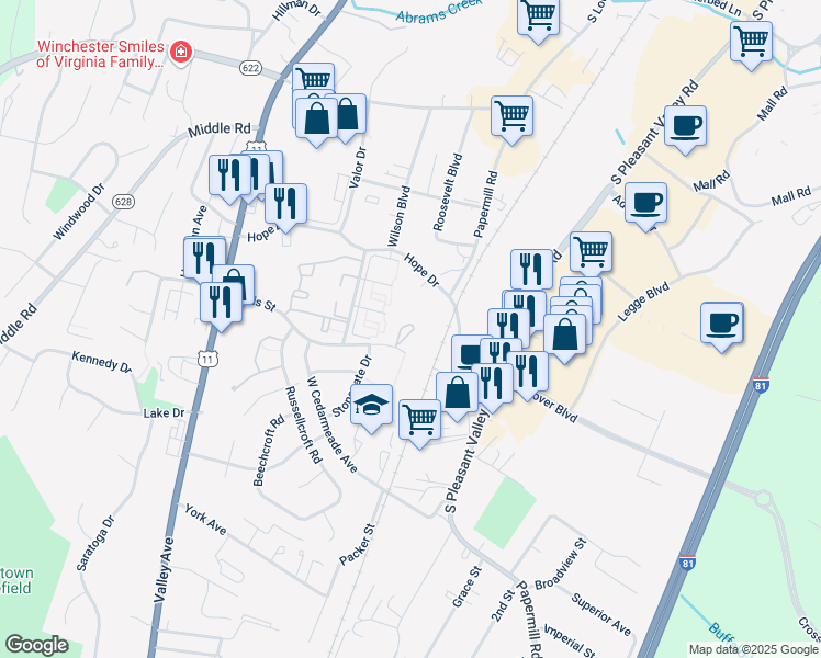 map of restaurants, bars, coffee shops, grocery stores, and more near 2531 Bradford Court in Winchester