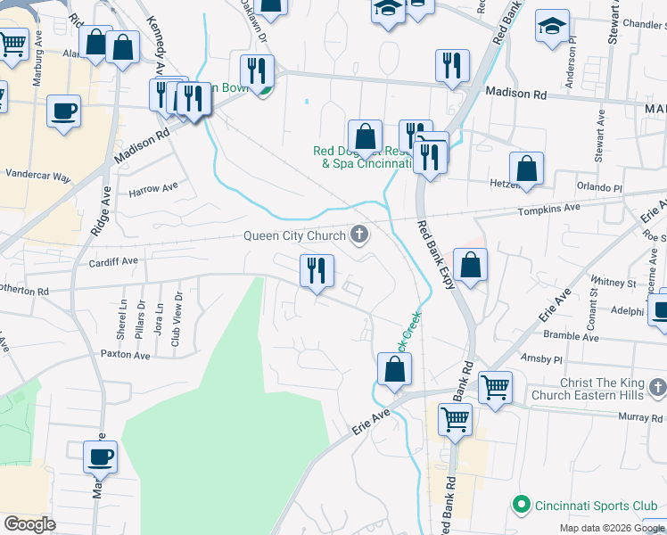 map of restaurants, bars, coffee shops, grocery stores, and more near 4212 Allendorf Drive in Cincinnati