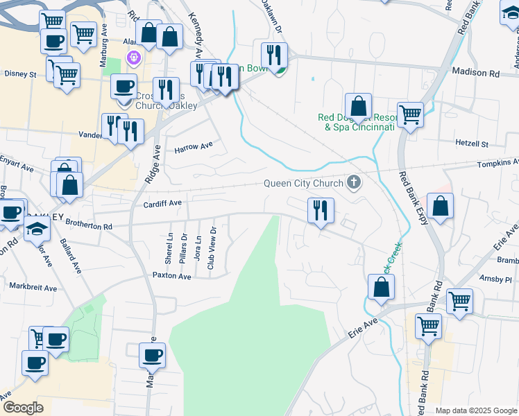 map of restaurants, bars, coffee shops, grocery stores, and more near 3647 Brotherton Road in Cincinnati
