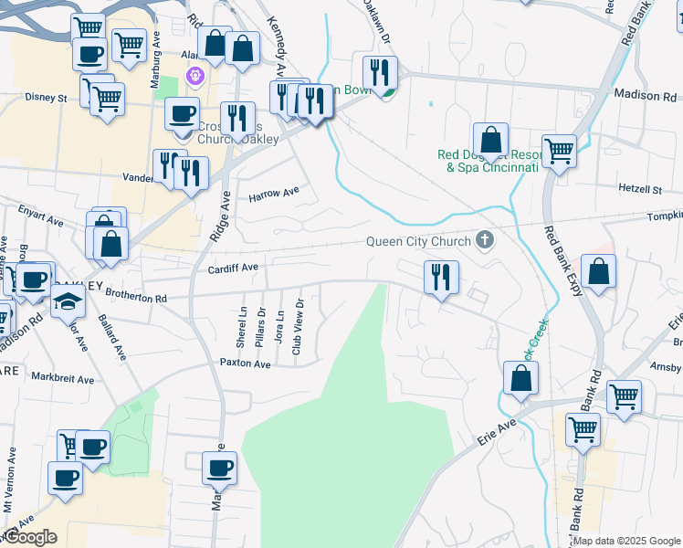 map of restaurants, bars, coffee shops, grocery stores, and more near 3647 Brotherton Road in Cincinnati