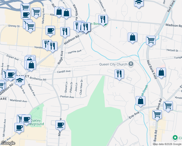 map of restaurants, bars, coffee shops, grocery stores, and more near 3647 Brotherton Road in Cincinnati