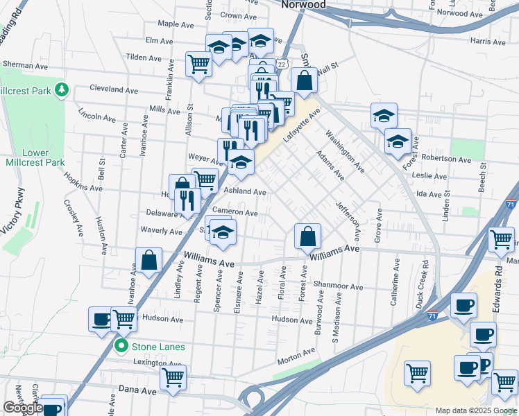map of restaurants, bars, coffee shops, grocery stores, and more near 2164 Cameron Avenue in Norwood