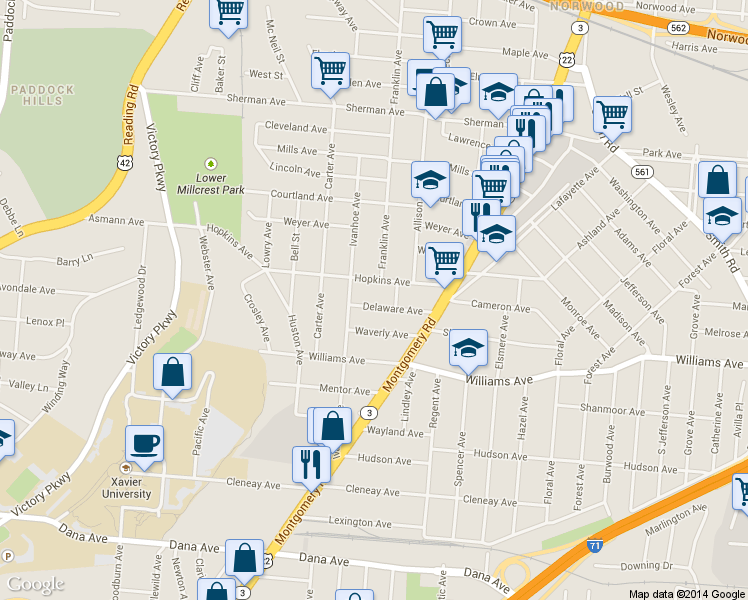 map of restaurants, bars, coffee shops, grocery stores, and more near 1922 Delaware Avenue in Norwood