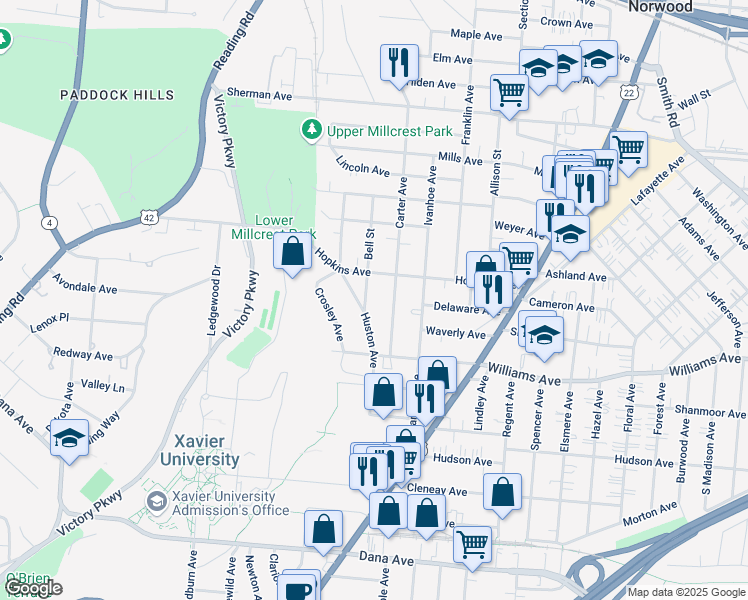 map of restaurants, bars, coffee shops, grocery stores, and more near 4106 Bell Street in Cincinnati