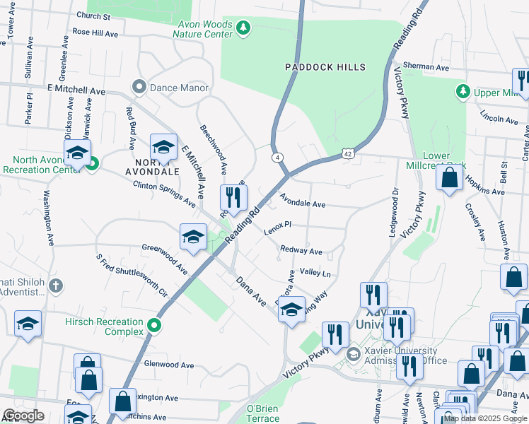 map of restaurants, bars, coffee shops, grocery stores, and more near 3870 Reading Road in Cincinnati