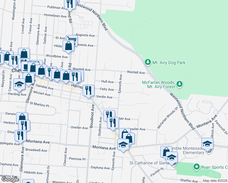 map of restaurants, bars, coffee shops, grocery stores, and more near 3015 Feltz Avenue in Cincinnati