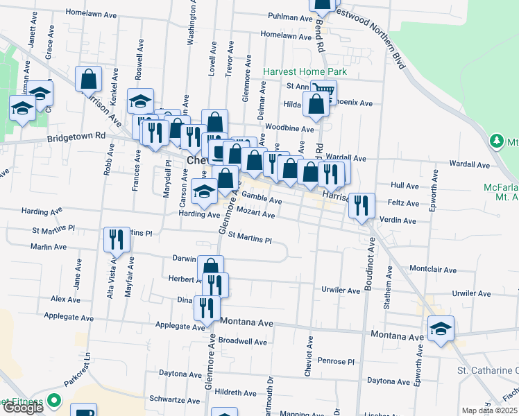map of restaurants, bars, coffee shops, grocery stores, and more near 3639 Mozart Avenue in Cheviot