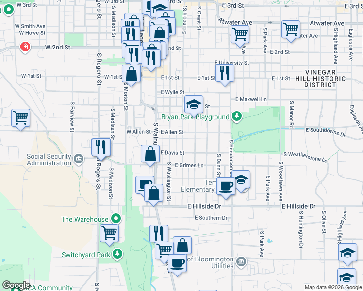 map of restaurants, bars, coffee shops, grocery stores, and more near 1011 South Washington Street in Bloomington
