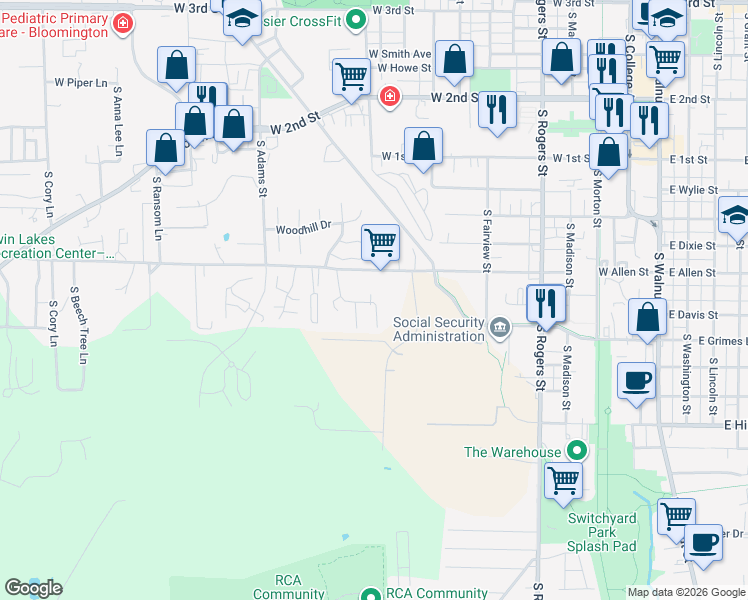 map of restaurants, bars, coffee shops, grocery stores, and more near 1100 Strong Drive in Bloomington