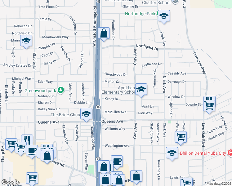 map of restaurants, bars, coffee shops, grocery stores, and more near 1248 Casita Drive in Yuba City