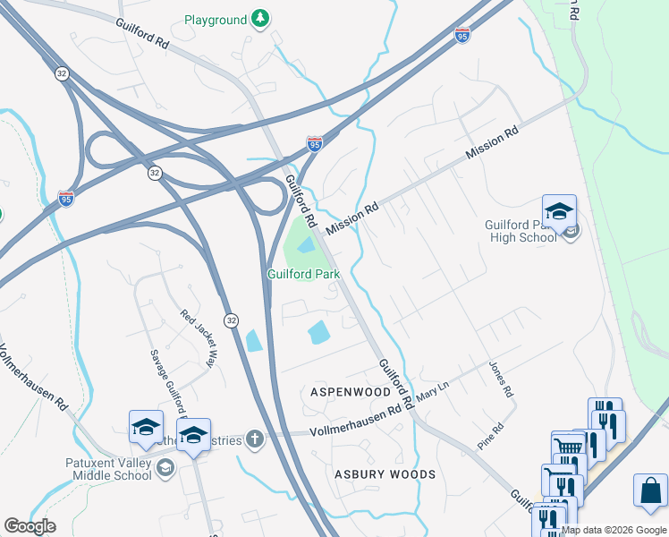 map of restaurants, bars, coffee shops, grocery stores, and more near 9970 Guilford Rd in Jessup