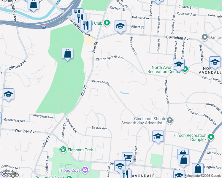 map of restaurants, bars, coffee shops, grocery stores, and more near 114 Glenridge Place in Cincinnati