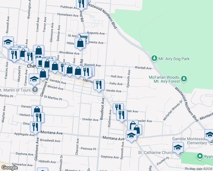 map of restaurants, bars, coffee shops, grocery stores, and more near 3218 Harrison Avenue in Cincinnati
