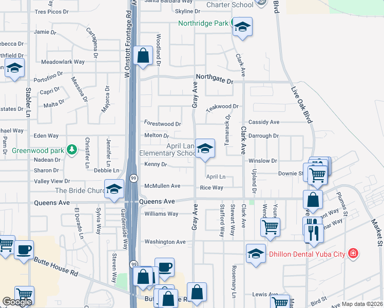 map of restaurants, bars, coffee shops, grocery stores, and more near 1118 Casita Drive in Yuba City