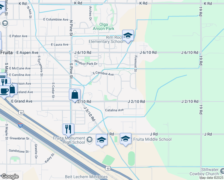 map of restaurants, bars, coffee shops, grocery stores, and more near 321 North Lake Court in Fruita