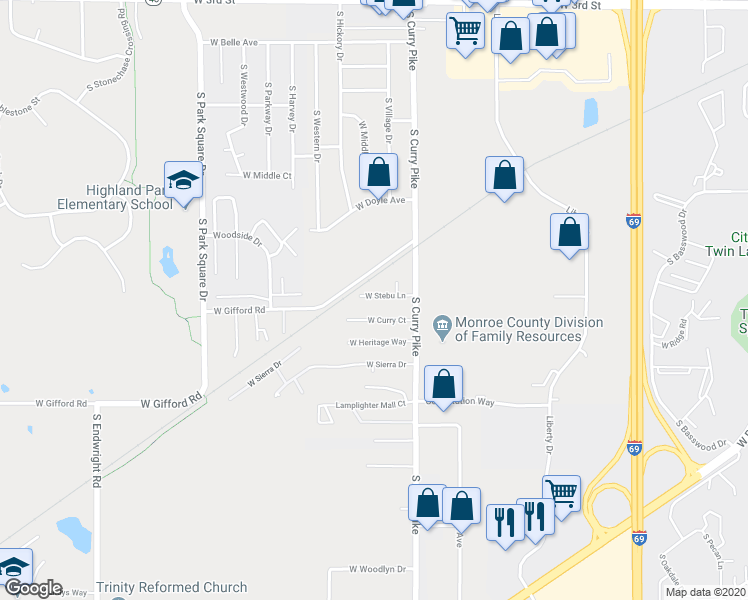 map of restaurants, bars, coffee shops, grocery stores, and more near 4183 West Stebu Lane in Bloomington