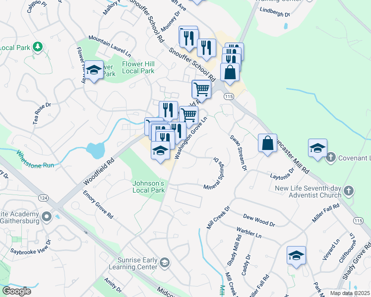 map of restaurants, bars, coffee shops, grocery stores, and more near 7700 Mineral Springs Drive in Gaithersburg