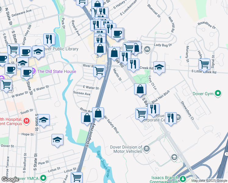 map of restaurants, bars, coffee shops, grocery stores, and more near 404 Cowgill Street in Dover