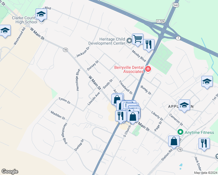 map of restaurants, bars, coffee shops, grocery stores, and more near 318 1st Street in Berryville